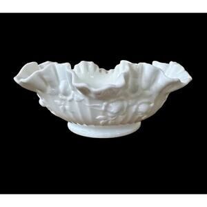 White Milk Glass Ruffled Candy Dish, 9" x 3.25", Ribbed, Embossed Floral Pattern